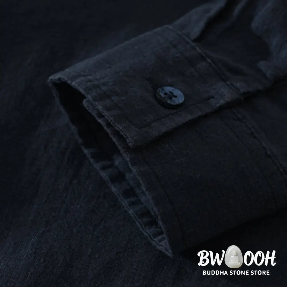 Buddha Stones Solid Color Loose Long Sleeve Half Button Shirt Linen Men Clothing - Men’s Shirts