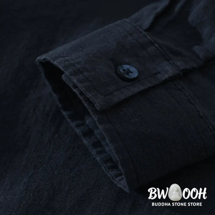 Buddha Stones Solid Color Loose Long Sleeve Half Button Shirt Linen Men Clothing - Men’s Shirts