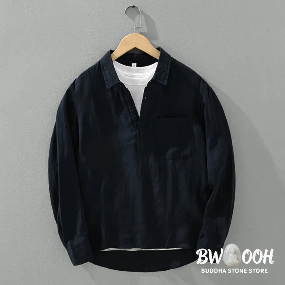 Buddha Stones Solid Color Loose Long Sleeve Half Button Shirt Linen Men Clothing - Men’s Shirts