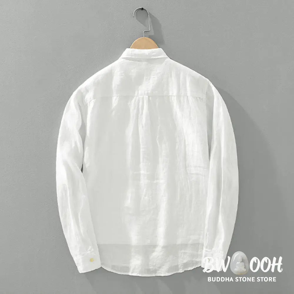Buddha Stones Solid Color Loose Long Sleeve Half Button Shirt Linen Men Clothing - Men’s Shirts