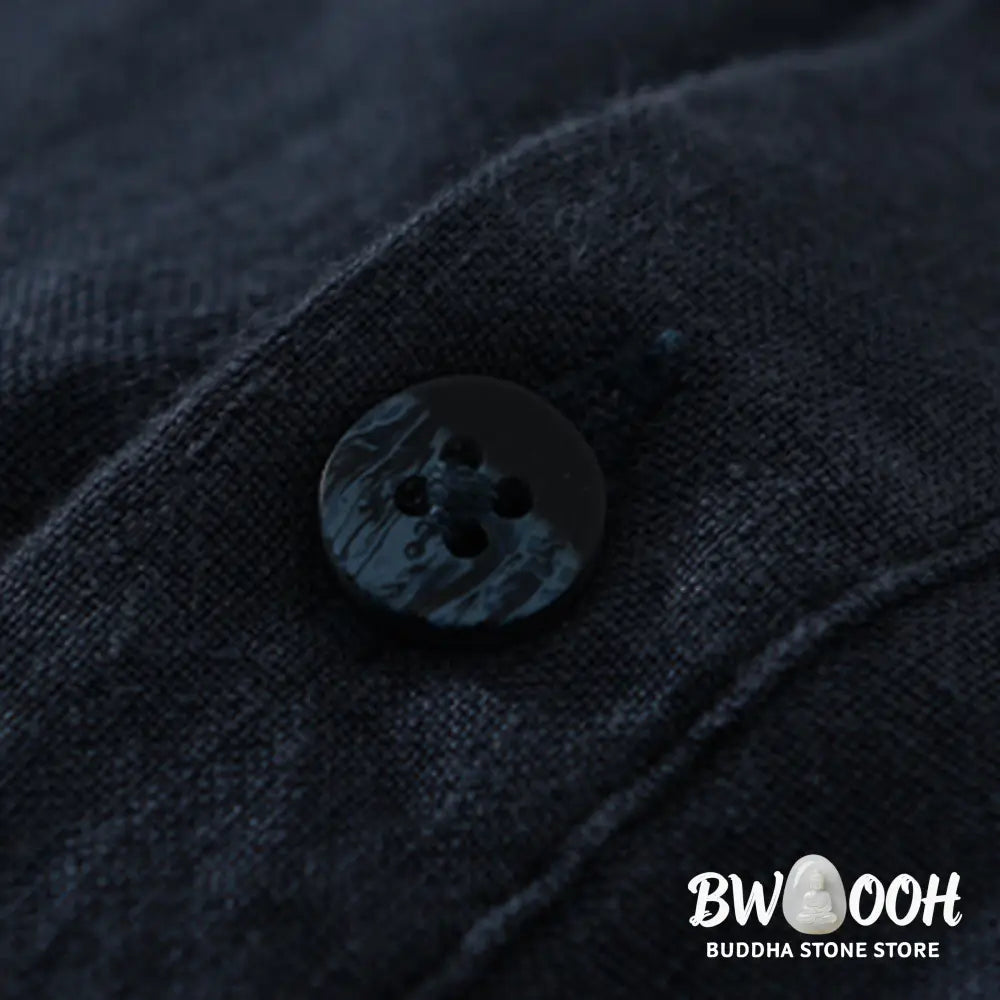 Buddha Stones Solid Color Loose Long Sleeve Half Button Shirt Linen Men Clothing - Men’s Shirts