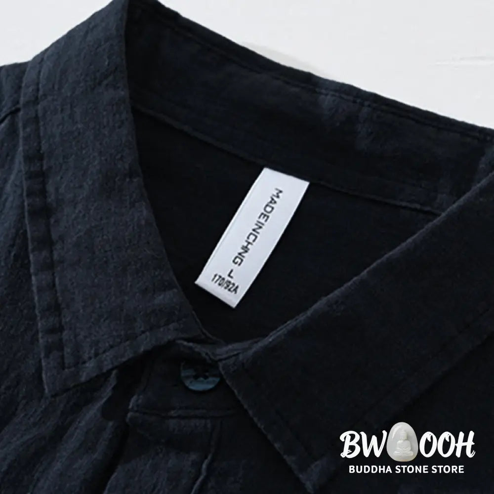 Buddha Stones Solid Color Loose Long Sleeve Half Button Shirt Linen Men Clothing - Men’s Shirts