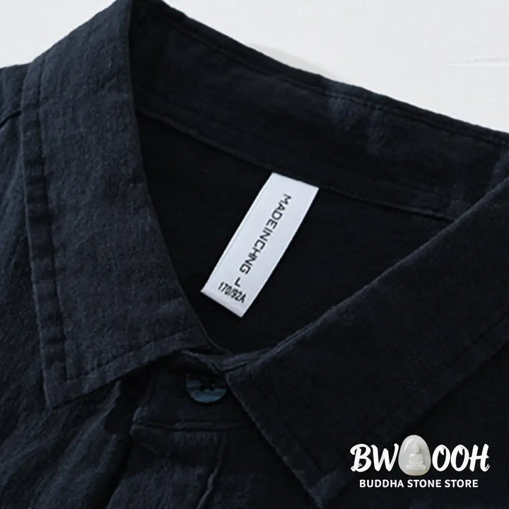 Buddha Stones Solid Color Loose Long Sleeve Half Button Shirt Linen Men Clothing - Men’s Shirts