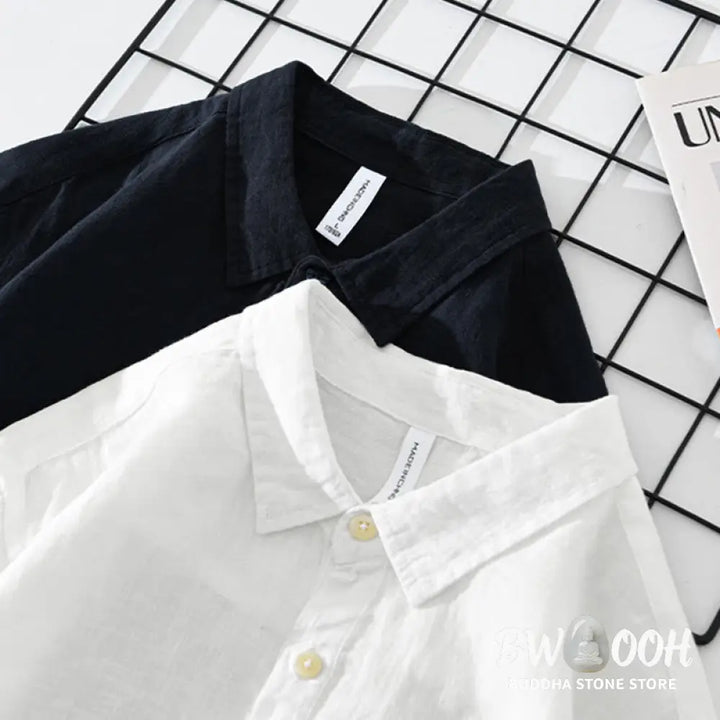 Buddha Stones Solid Color Loose Long Sleeve Half Button Shirt Linen Men Clothing - Men’s Shirts