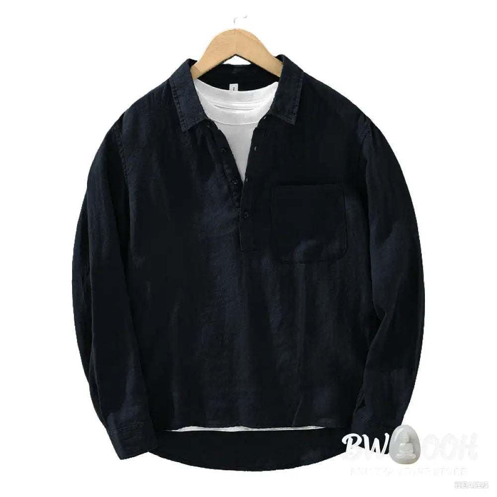 Buddha Stones Solid Color Loose Long Sleeve Half Button Shirt Linen Men Clothing - Men’s Shirts
