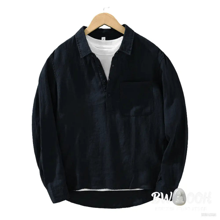 Buddha Stones Solid Color Loose Long Sleeve Half Button Shirt Linen Men Clothing - Men’s Shirts