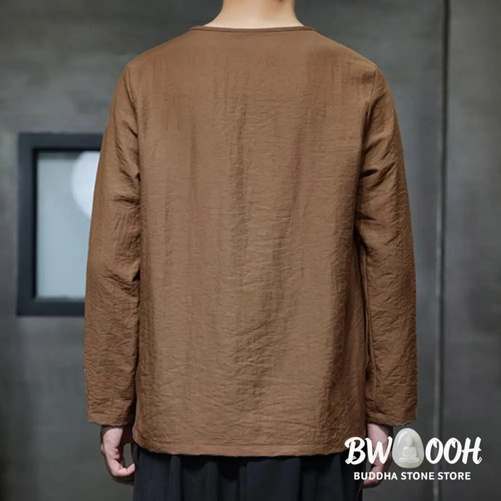 Buddha Stones Solid Color Loose Long Sleeve Round Neck Men’s Shirts - Men’s Shirts