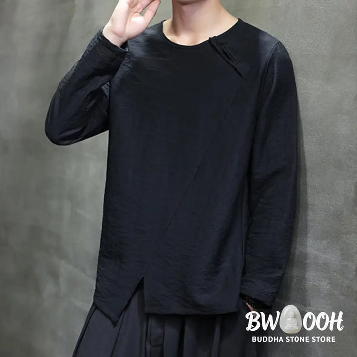 Buddha Stones Solid Color Loose Long Sleeve Round Neck Men’s Shirts - Men’s Shirts