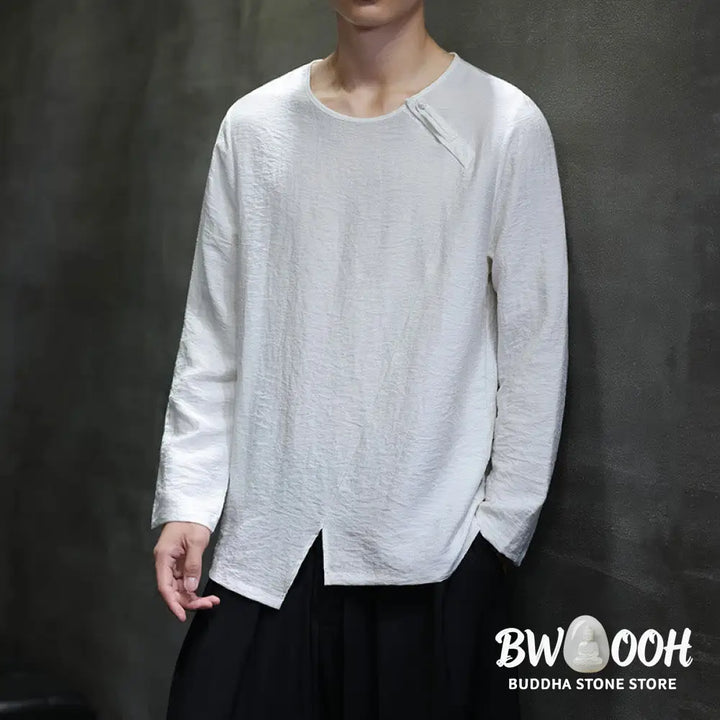Buddha Stones Solid Color Loose Long Sleeve Round Neck Men’s Shirts - Men’s Shirts