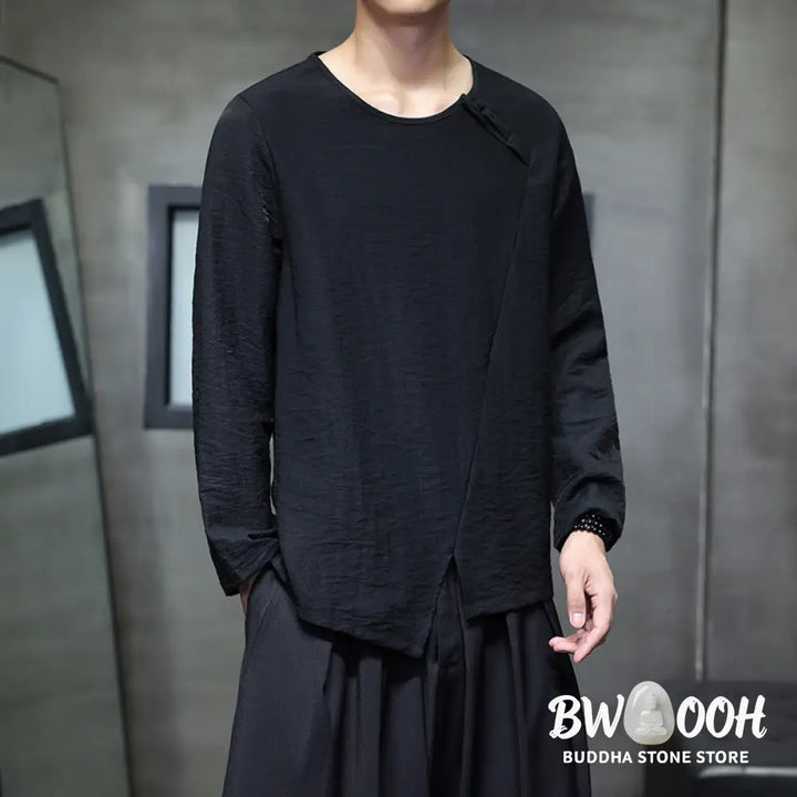 Buddha Stones Solid Color Loose Long Sleeve Round Neck Men’s Shirts - Men’s Shirts