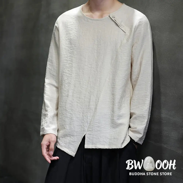 Buddha Stones Solid Color Loose Long Sleeve Round Neck Men’s Shirts - Men’s Shirts