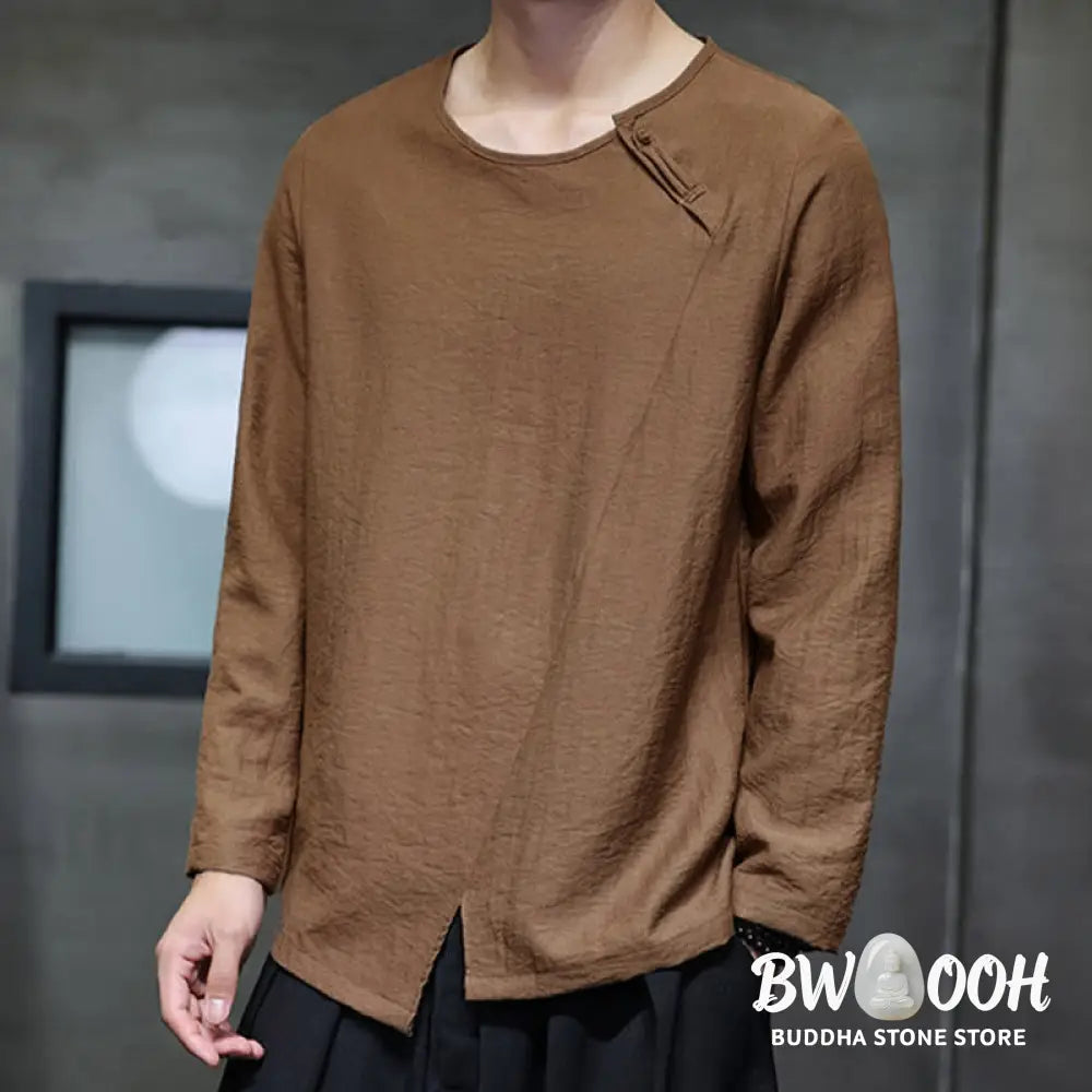 Buddha Stones Solid Color Loose Long Sleeve Round Neck Men’s Shirts - Men’s Shirts