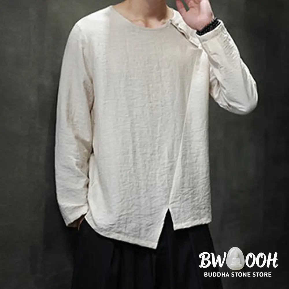 Buddha Stones Solid Color Loose Long Sleeve Round Neck Men’s Shirts - Men’s Shirts