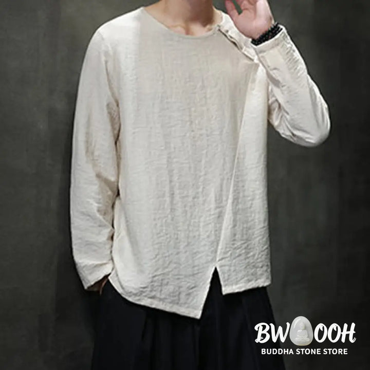 Buddha Stones Solid Color Loose Long Sleeve Round Neck Men’s Shirts - Men’s Shirts
