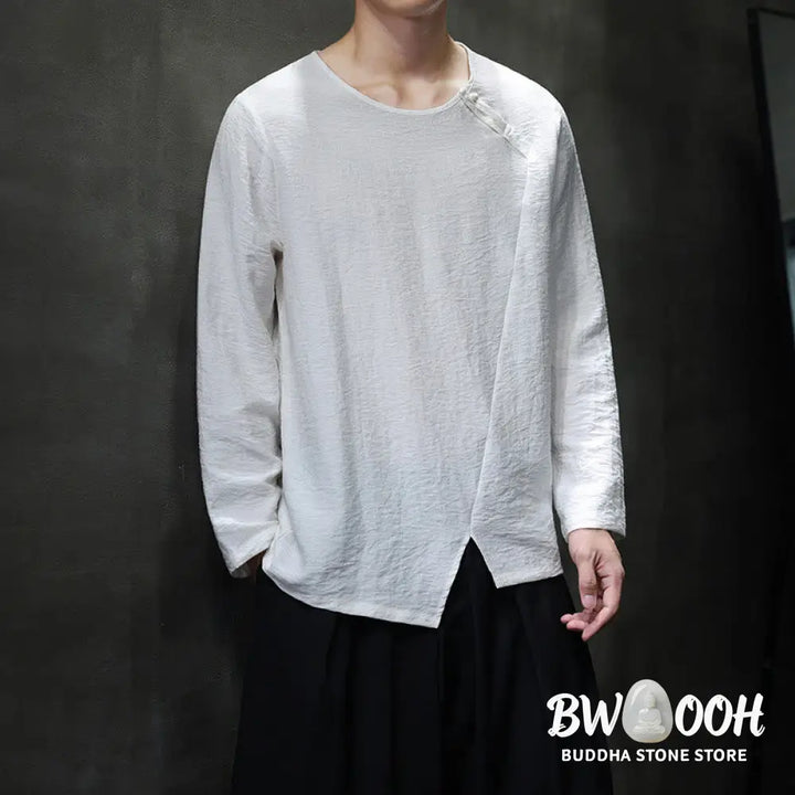 Buddha Stones Solid Color Loose Long Sleeve Round Neck Men’s Shirts - Men’s Shirts