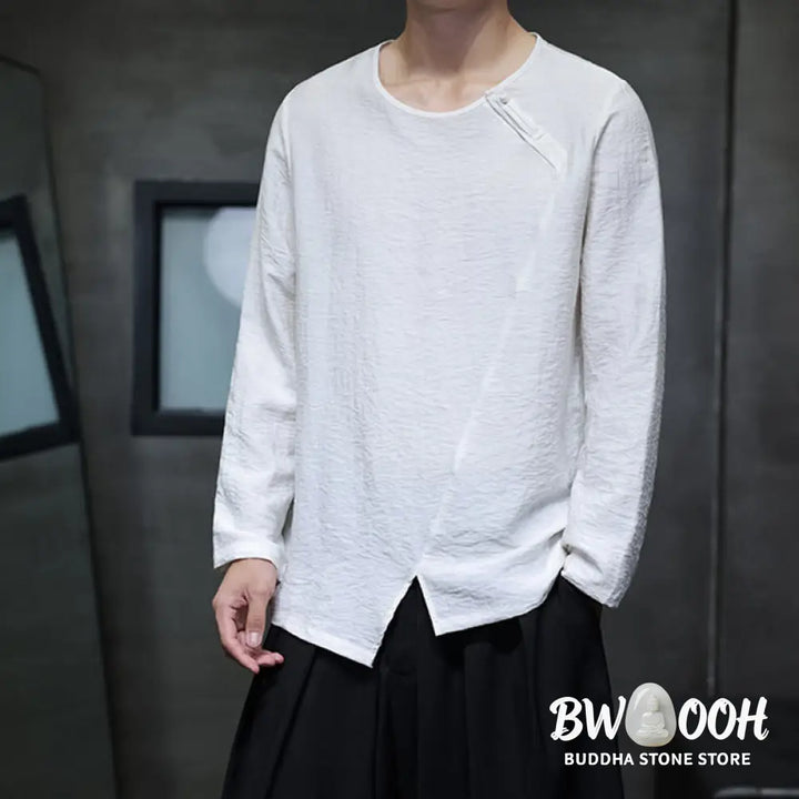 Buddha Stones Solid Color Loose Long Sleeve Round Neck Men’s Shirts - Men’s Shirts