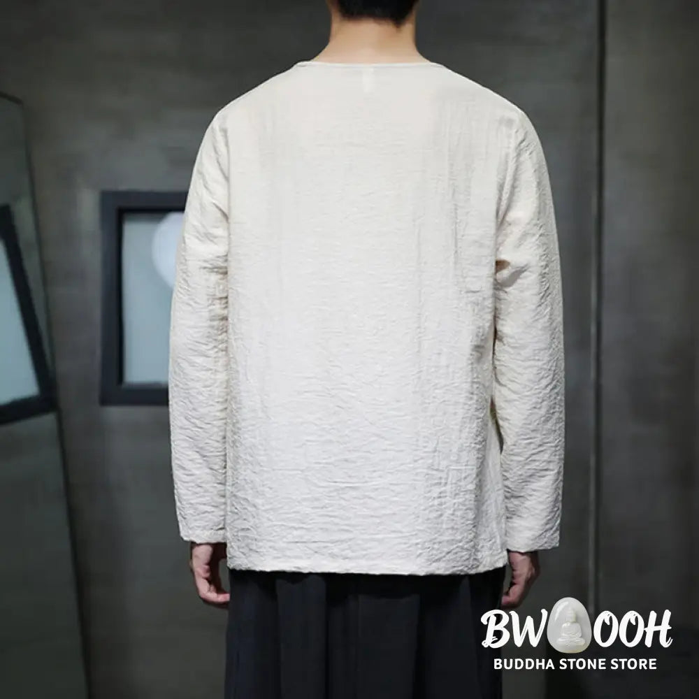 Buddha Stones Solid Color Loose Long Sleeve Round Neck Men’s Shirts - Men’s Shirts