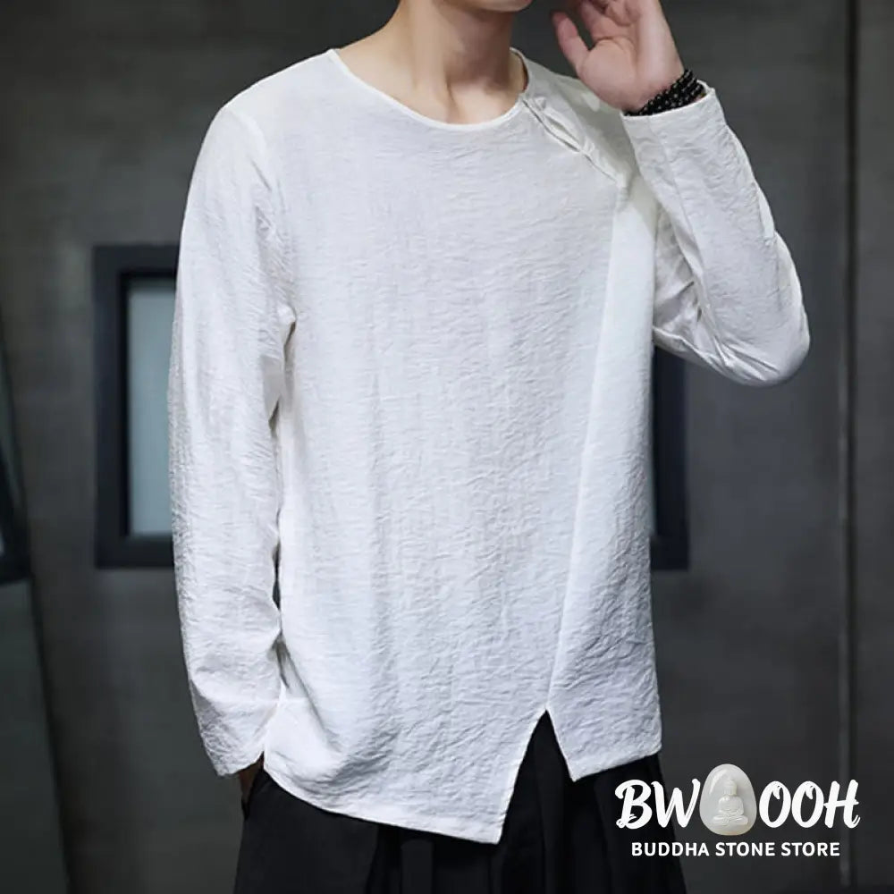 Buddha Stones Solid Color Loose Long Sleeve Round Neck Men’s Shirts - Men’s Shirts