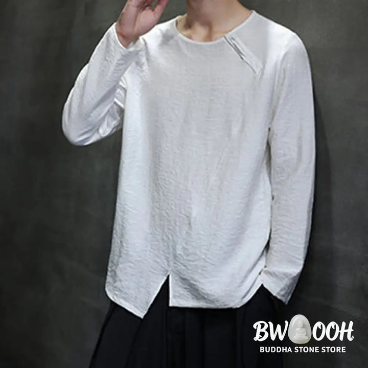 Buddha Stones Solid Color Loose Long Sleeve Round Neck Men’s Shirts - Men’s Shirts