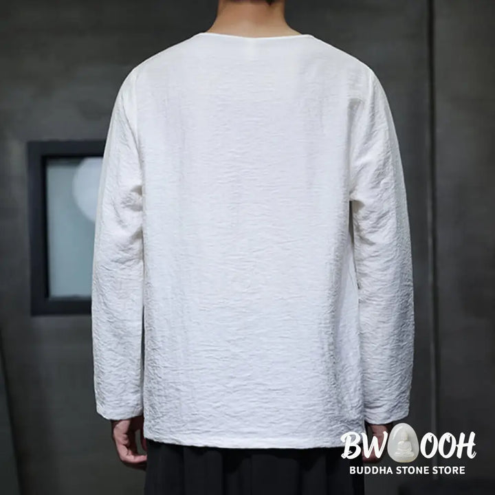 Buddha Stones Solid Color Loose Long Sleeve Round Neck Men’s Shirts - Men’s Shirts