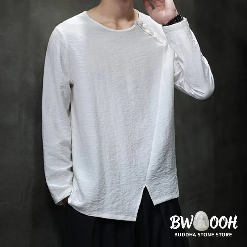 Buddha Stones Solid Color Loose Long Sleeve Round Neck Men’s Shirts - Men’s Shirts