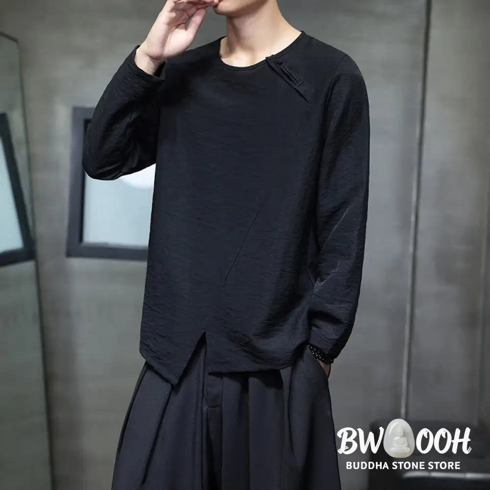 Buddha Stones Solid Color Loose Long Sleeve Round Neck Men’s Shirts - Men’s Shirts