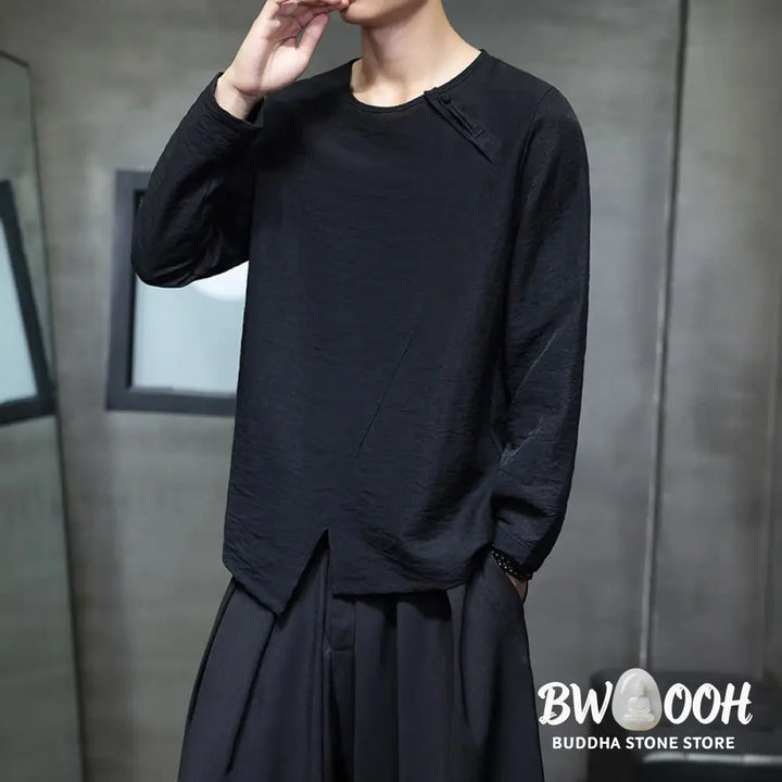 Buddha Stones Solid Color Loose Long Sleeve Round Neck Men’s Shirts - Men’s Shirts