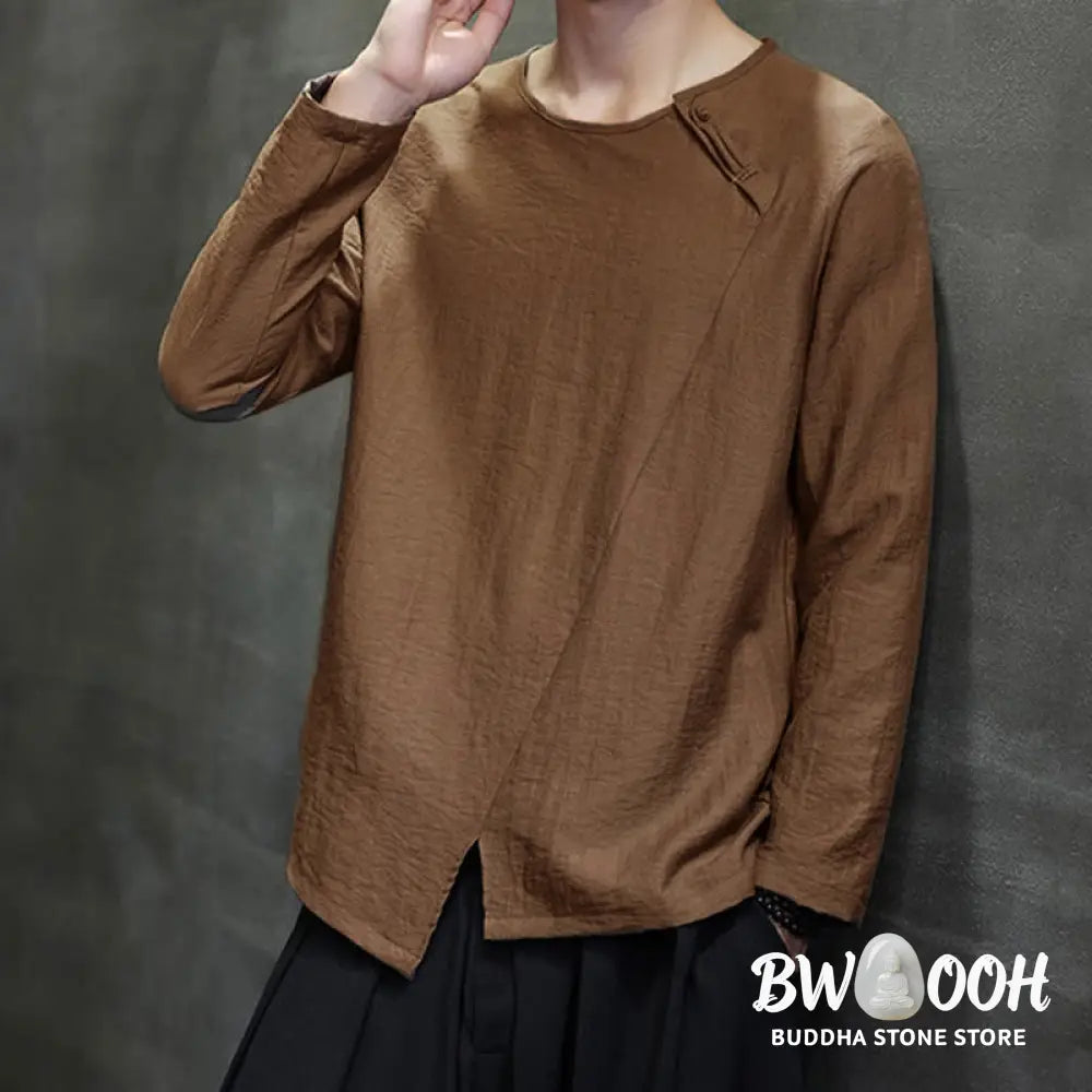 Buddha Stones Solid Color Loose Long Sleeve Round Neck Men’s Shirts - Men’s Shirts