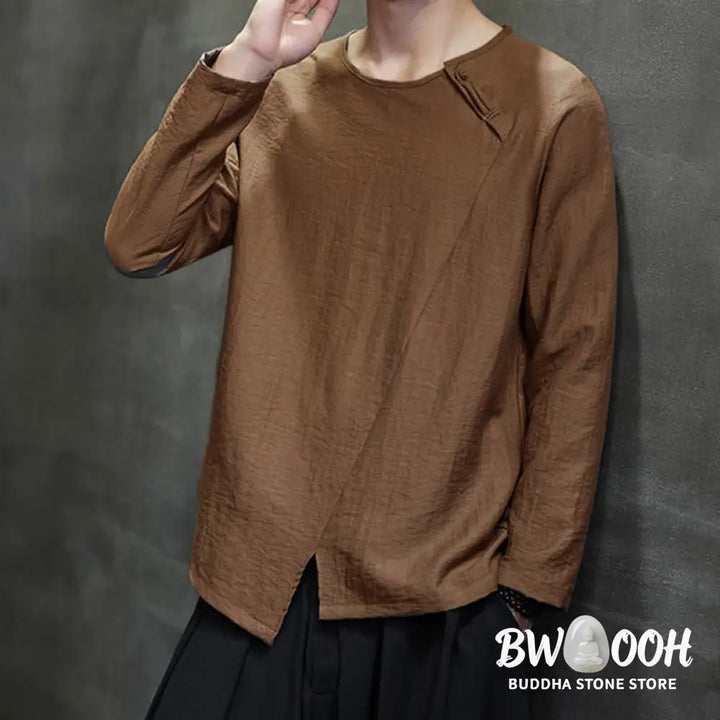 Buddha Stones Solid Color Loose Long Sleeve Round Neck Men’s Shirts - Men’s Shirts