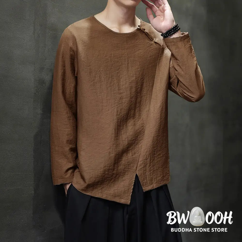 Buddha Stones Solid Color Loose Long Sleeve Round Neck Men’s Shirts - Men’s Shirts