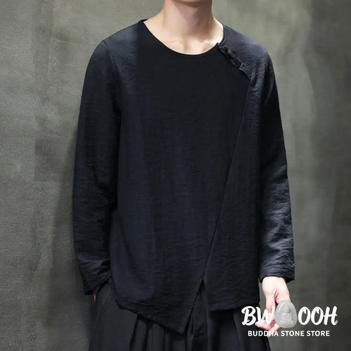 Buddha Stones Solid Color Loose Long Sleeve Round Neck Men’s Shirts - Men’s Shirts