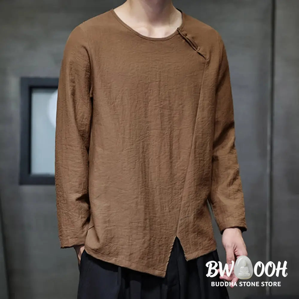 Buddha Stones Solid Color Loose Long Sleeve Round Neck Men’s Shirts - Men’s Shirts