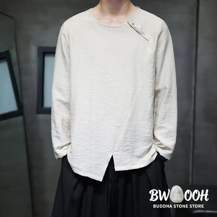 Buddha Stones Solid Color Loose Long Sleeve Round Neck Men’s Shirts - Men’s Shirts