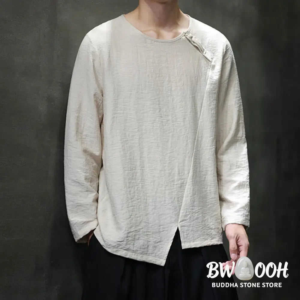 Buddha Stones Solid Color Loose Long Sleeve Round Neck Men’s Shirts - Men’s Shirts