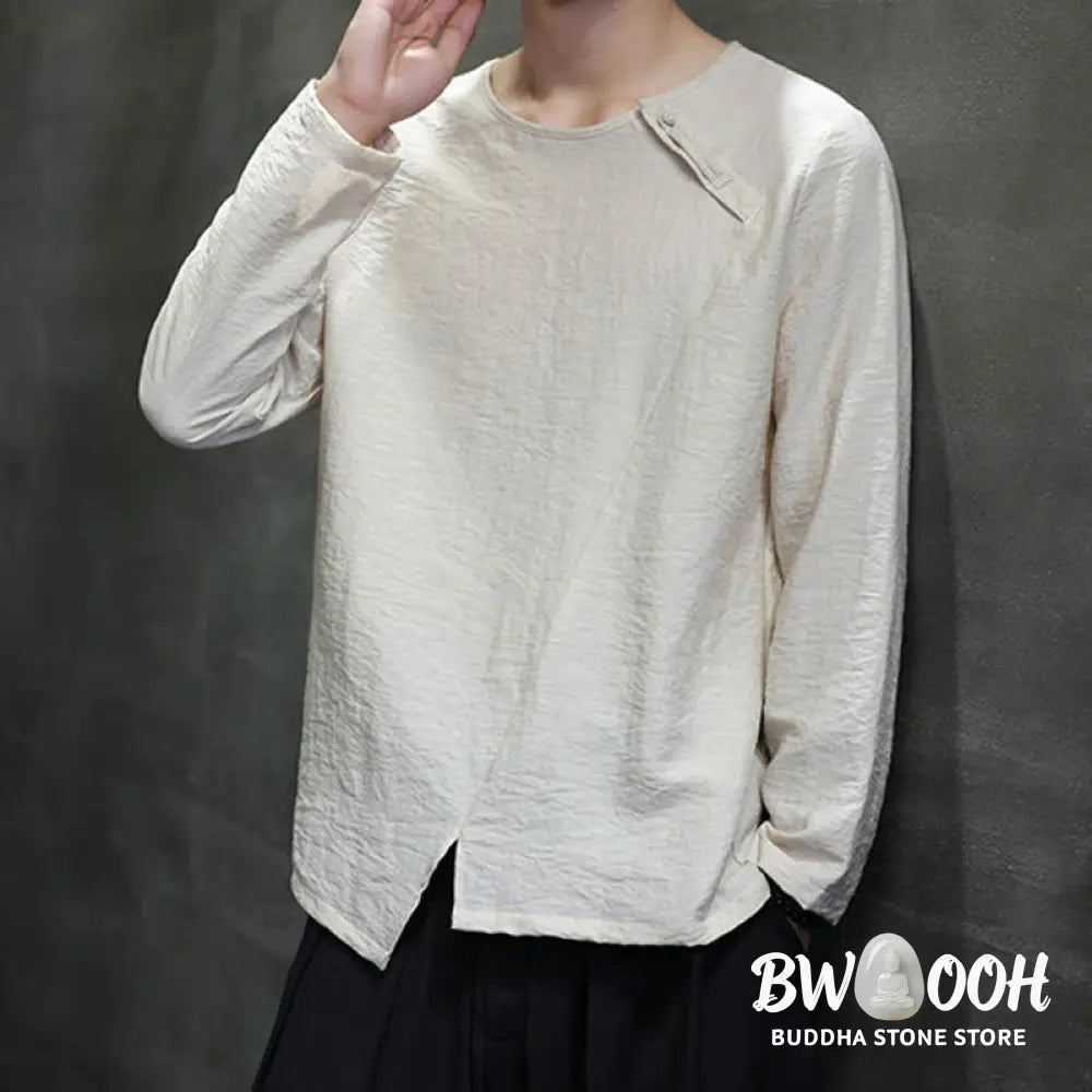 Buddha Stones Solid Color Loose Long Sleeve Round Neck Men’s Shirts - Men’s Shirts