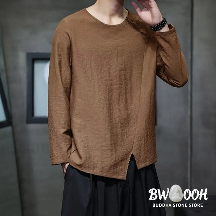 Buddha Stones Solid Color Loose Long Sleeve Round Neck Men’s Shirts - Men’s Shirts