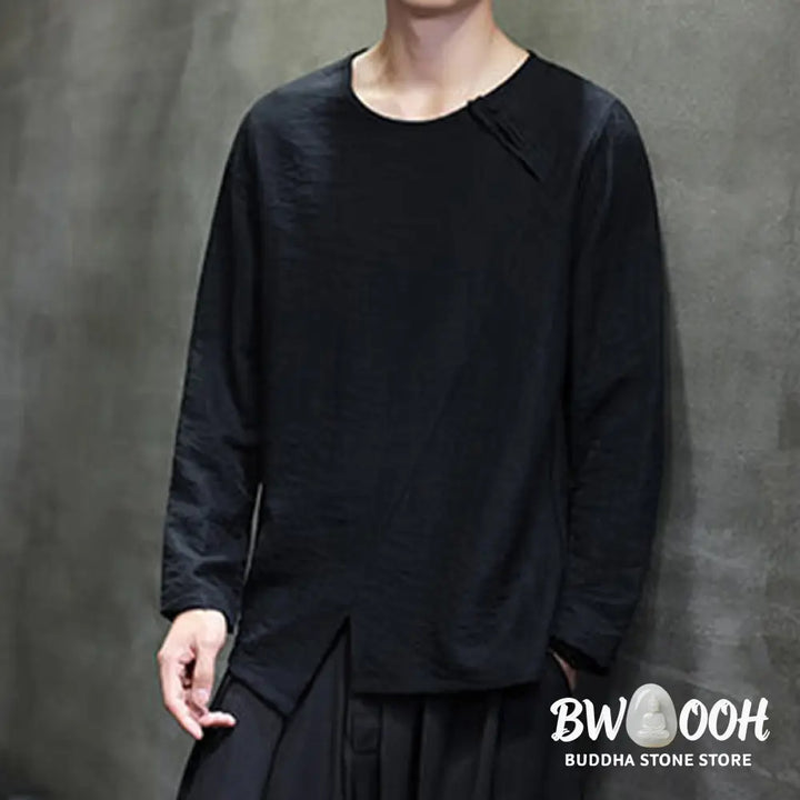 Buddha Stones Solid Color Loose Long Sleeve Round Neck Men’s Shirts - Men’s Shirts