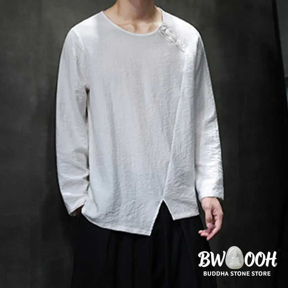 Buddha Stones Solid Color Loose Long Sleeve Round Neck Men’s Shirts - Men’s Shirts