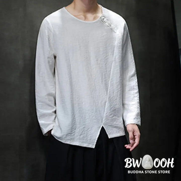 Buddha Stones Solid Color Loose Long Sleeve Round Neck Men’s Shirts - Men’s Shirts