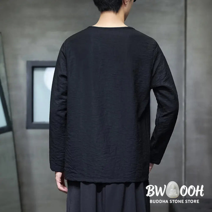 Buddha Stones Solid Color Loose Long Sleeve Round Neck Men’s Shirts - Men’s Shirts