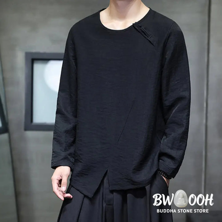 Buddha Stones Solid Color Loose Long Sleeve Round Neck Men’s Shirts - Men’s Shirts