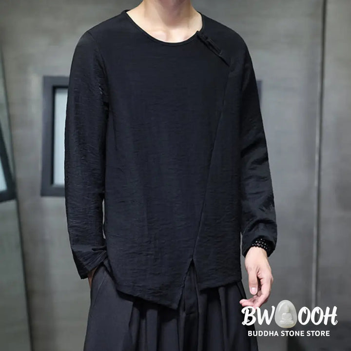 Buddha Stones Solid Color Loose Long Sleeve Round Neck Men’s Shirts - Men’s Shirts