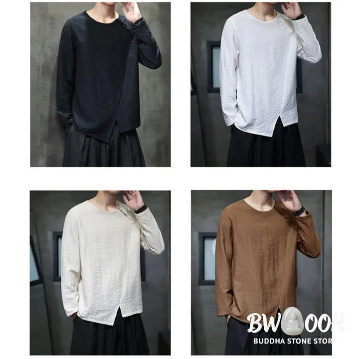 Buddha Stones Solid Color Loose Long Sleeve Round Neck Men’s Shirts - Men’s Shirts