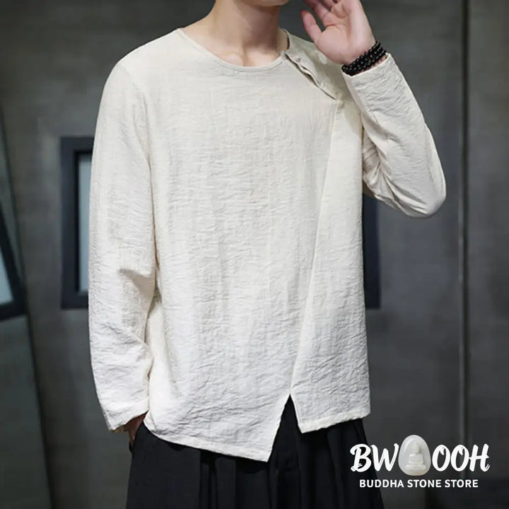 Buddha Stones Solid Color Loose Long Sleeve Round Neck Men’s Shirts - Men’s Shirts