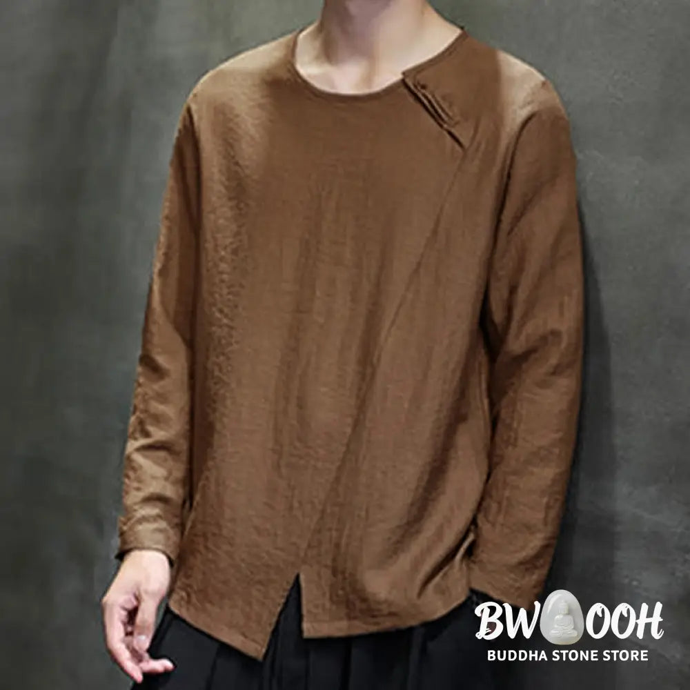 Buddha Stones Solid Color Loose Long Sleeve Round Neck Men’s Shirts - Men’s Shirts