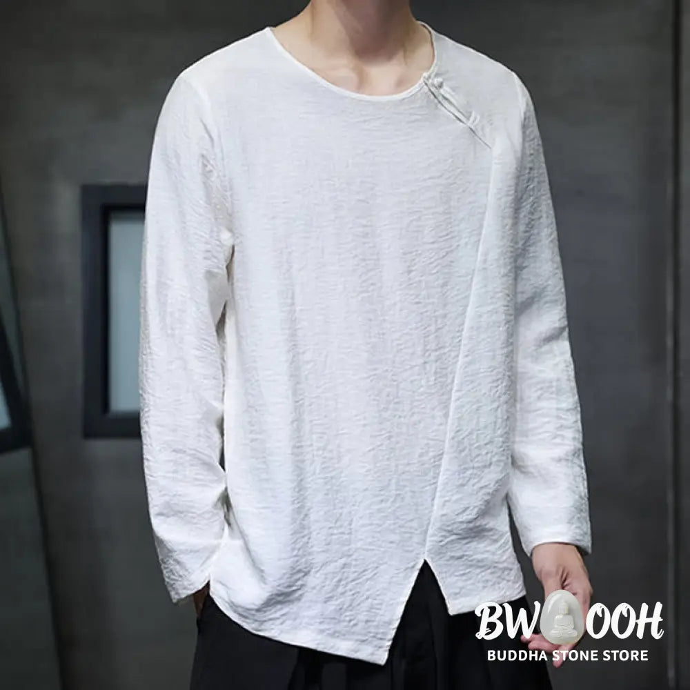 Buddha Stones Solid Color Loose Long Sleeve Round Neck Men’s Shirts - Men’s Shirts