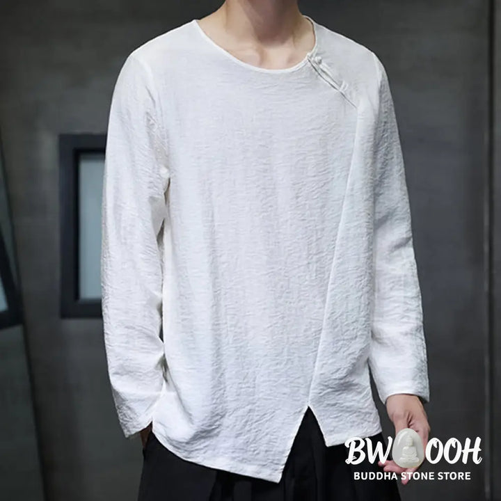 Buddha Stones Solid Color Loose Long Sleeve Round Neck Men’s Shirts - Men’s Shirts