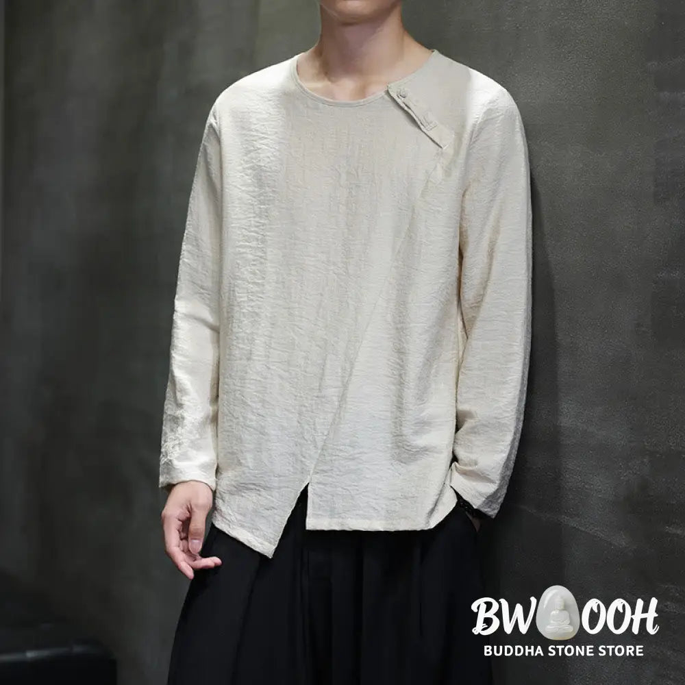 Buddha Stones Solid Color Loose Long Sleeve Round Neck Men’s Shirts - Men’s Shirts