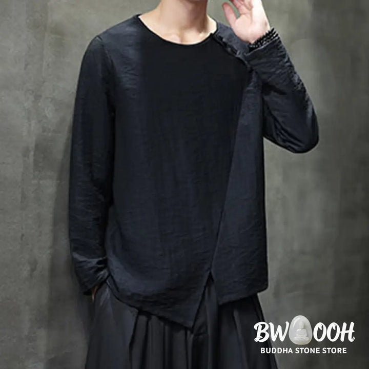 Buddha Stones Solid Color Loose Long Sleeve Round Neck Men’s Shirts - Men’s Shirts