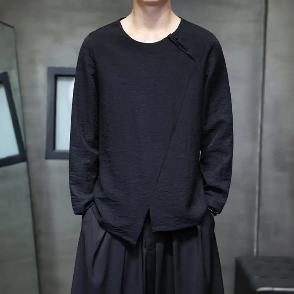 Buddha Stones Solid Color Loose Long Sleeve Round Neck Men’s Shirts - Black / US/UK/AU32，EU42 (M) - Men’s Shirts